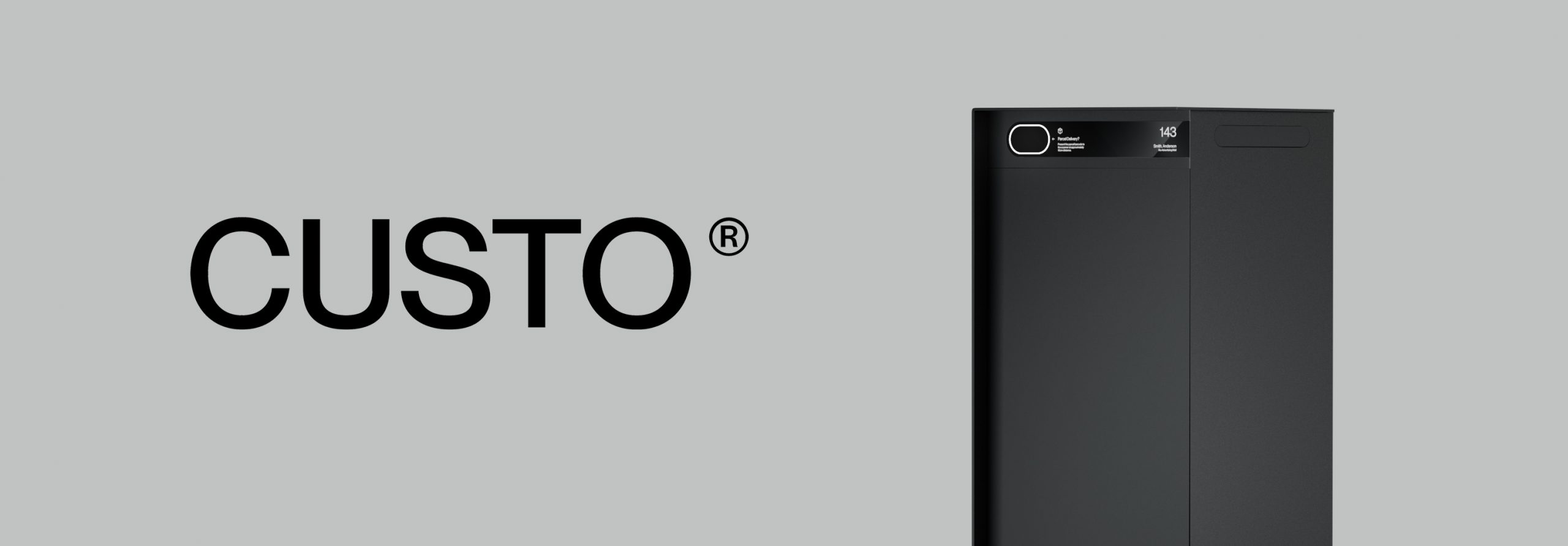 a provisionary moving render of the black smart delivery box with Custo logo